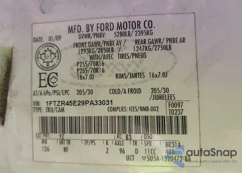 2009 Ford Ranger Fx4 Off-Road/Sport/Xlt z USA, uszkodzony, nr VIN 1FTZR45E29PA33031